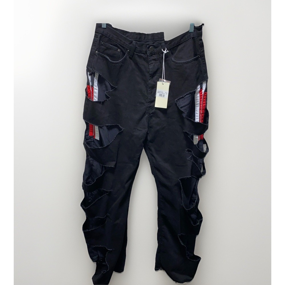 Nwt Mnml Mens Distressed Black‎ Cut Track Lined Jeans Pants 34 Streetwear Red